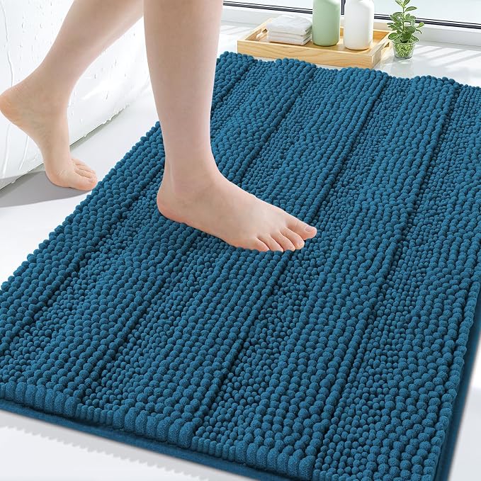Grandaily Chenille Striped Bathroom Rugs 30x20, Extra Thick and Absorbent Bath Mats, Non-Slip Soft Plush Shaggy Shower Carpet, Machine Wash Dry, Bath Rug for Bathroom, (Medium, Peacock Blue)