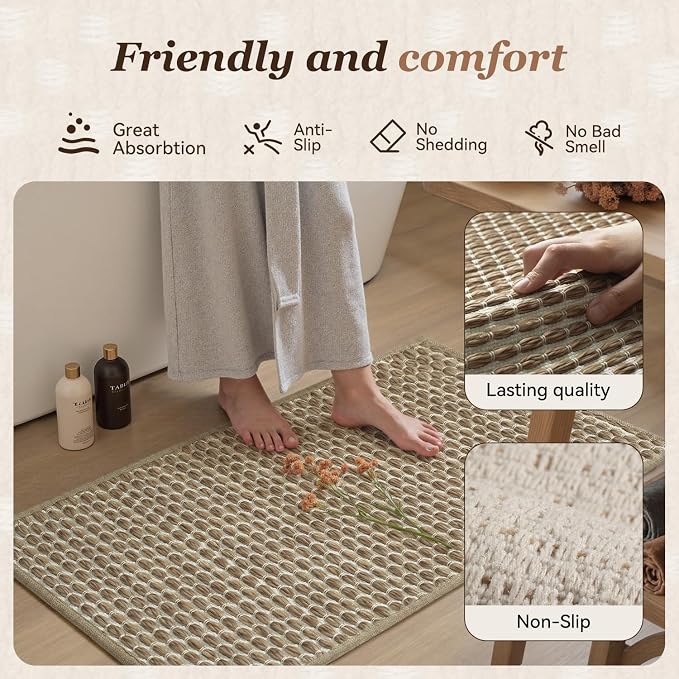AMOAMI Unique Woven Bath Mat, Super Absorbent Non Slip Bath Mat, 18" x 30", Brown