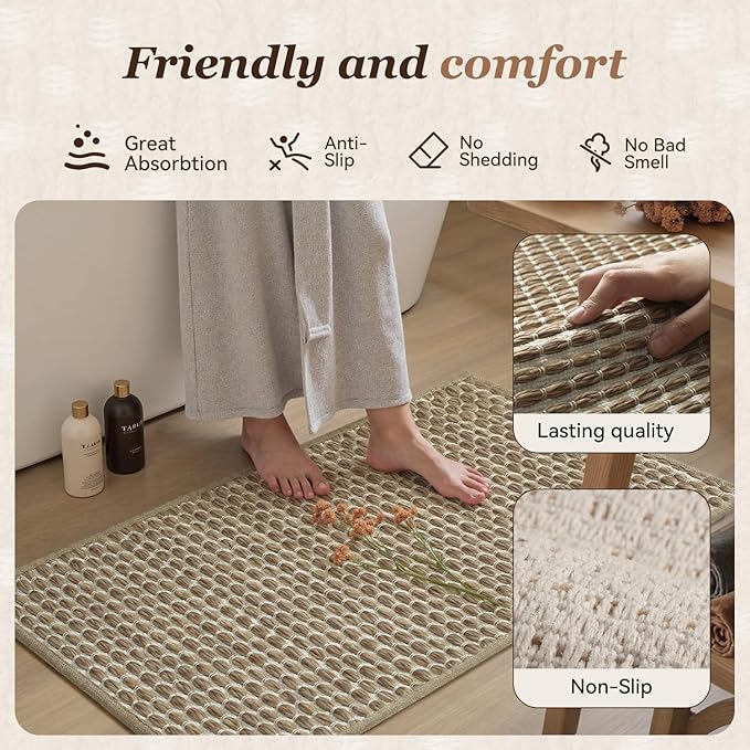 AMOAMI Unique Woven Bathroom Runner Rug, Super Absorbent Non Slip Bath Mats for Bathroom Textured Bathroom Mat Quick Dry Boho Rugs Runners for Hallyways Kitchen Bedroom Beside Tub, 2' x 4', Brown