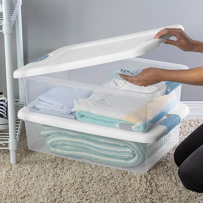 Sterilite 18-Pack Latching Box, Clear Plastic Under Bed Storage Bins with Lids, 32 Quart - Large Stackable Tote Organizer Containers for Closet, Bedroom, Bathroom, and Office Organization