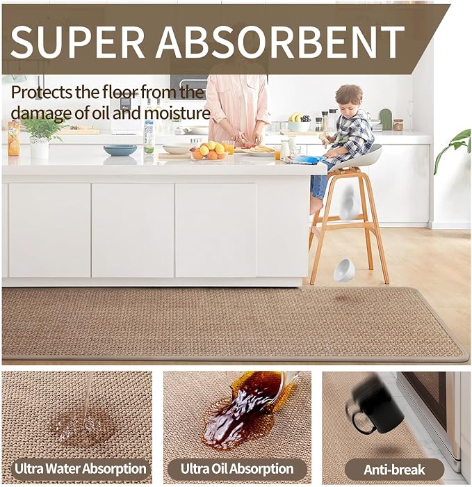 YDKGL Kitchen Mats for Floor, Super Absorbent Kitchen Rugs Non Slip Washable, Soft Imitation Linen Braided Kitchen Runner Rug, Standing Mat Kitchens Sink Mat, Easy to Clean, Brown 17x95