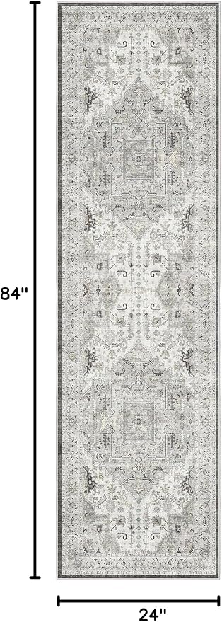 Madane Washable Runner Rug 2x7, Hallway Laundry Room Kitchen, Non Slip Rug Runners with Rubber Backing, Non Skid Stain-Resistant Non Shedding Durable Vintage Runners (2'x7', Ivory/Brown)