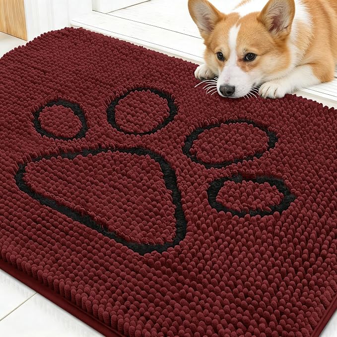 OLANLY Dog Door Mat for Muddy Paws 30x20, Paw Print Design, Absorbs Moisture and Dirt, Absorbent Non-Slip Washable Doormat, Quick Dry Chenille Mud Mat, Entry Indoor Entryway Carpet, Caramel Russet