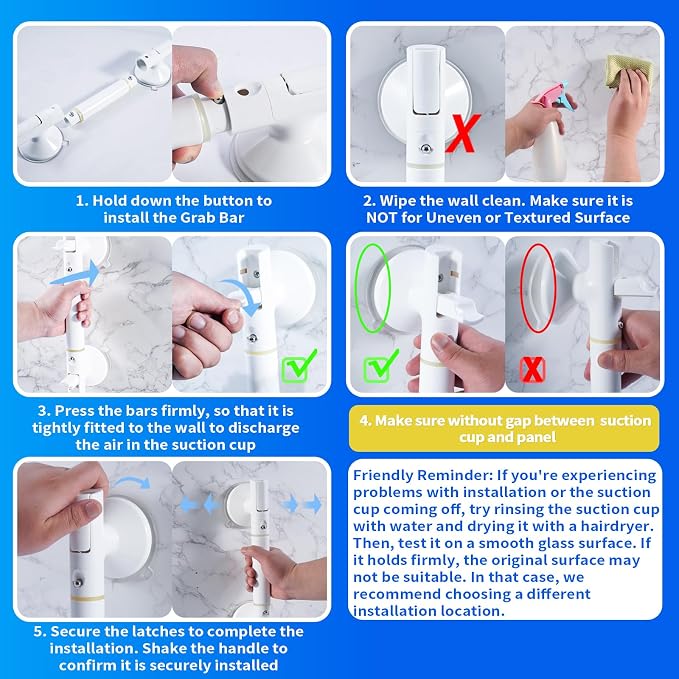 Strong Suction Grab Bar - 2 Pack, Bathroom Safety Handle for Seniors & Elderly, Easy Install No Drill for Bathtub, Toilet & Shower, Ivory White 14Inch