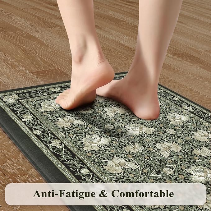 KIMODE Anti Fatigue Mats for Kitchen Floor Non Slip,Boho Floral Rugs Sets of 2,Cushioned Padded Carpet for Laundry Sink,Memory Foam Comfort Standing Mat for Office,Black 17"x29.5"+17" x47”