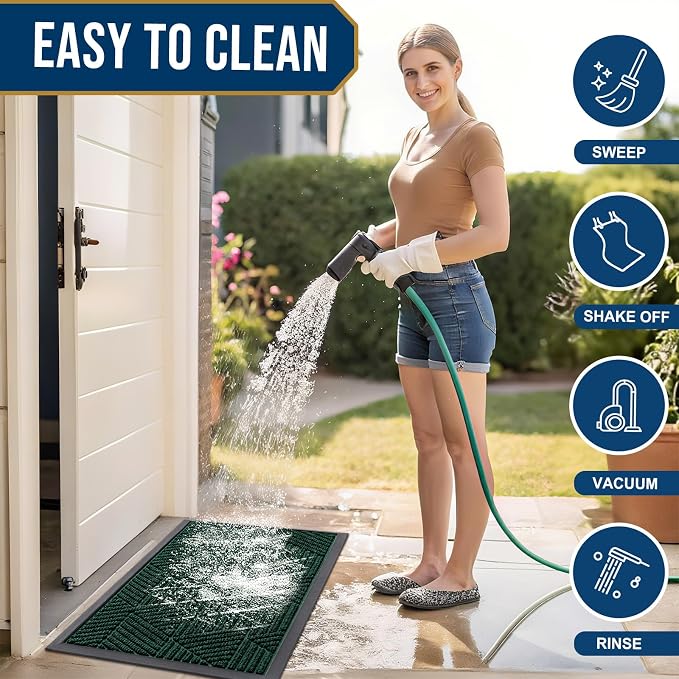 Smiry Front Door Mat Outside Entrance, Heavy Duty Sturdy Natural Rubber Doormat, Trap Dirt and Moisture, Easy Clean Low Profile Mats for Indoor Outdoor Entry, Irregular Triangle (47x32, Deep Green)