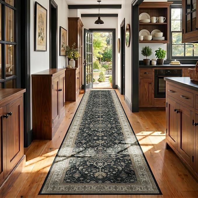 RELEANY Area Rugs Runner 3'x20' Washable Non-Slip, Floral Vintage Distress Medallion Carpet for Kitchen Hallway Bedroom Beside Laundry Room Bathroom, Vintage Black Brown Neutral