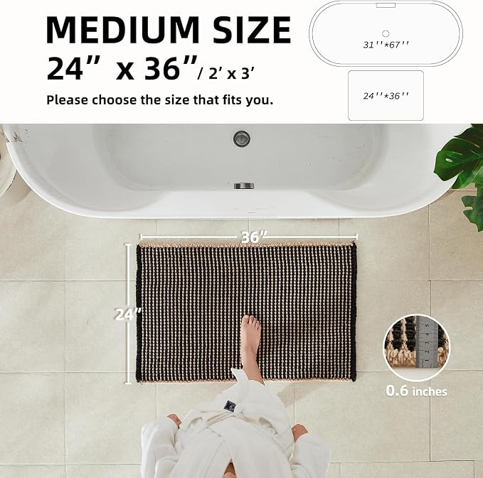 TYUU Waffle Bath Mat, Boho Bathroom Rugs Non Slip Washable Super Absorbent Quick Dry Bath Mat Farmhouse Bathroom Decor, 36"x24" Khaki and Black