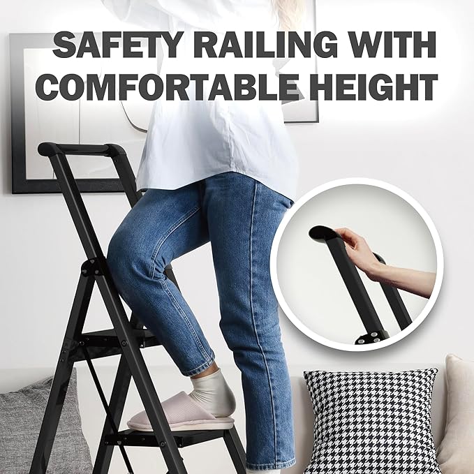 Taranta 4 Step Ladder,Liahtweight Aluminum Laddewith Handgrip, Portable Folding Stepladder with Anti-SlipPedalfor Home, Ofice, Kitchen 330lbs - Black