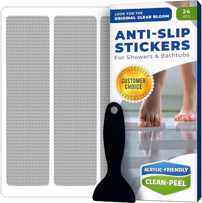 Clear Bloom Anti Slip Shower Stickers 24 PCS, Gray Non-Slip Shower Strips for Adults, Premium Adhesive Bath Tub Stickers