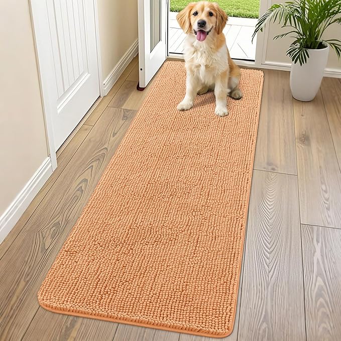 Smiry Dog Door Mat for Muddy Paws 70x24, Absorbent Dirt Trapper, Non-Slip Washable Chenille Entryway Rug for Inside Floor, Orange, Classic Solid