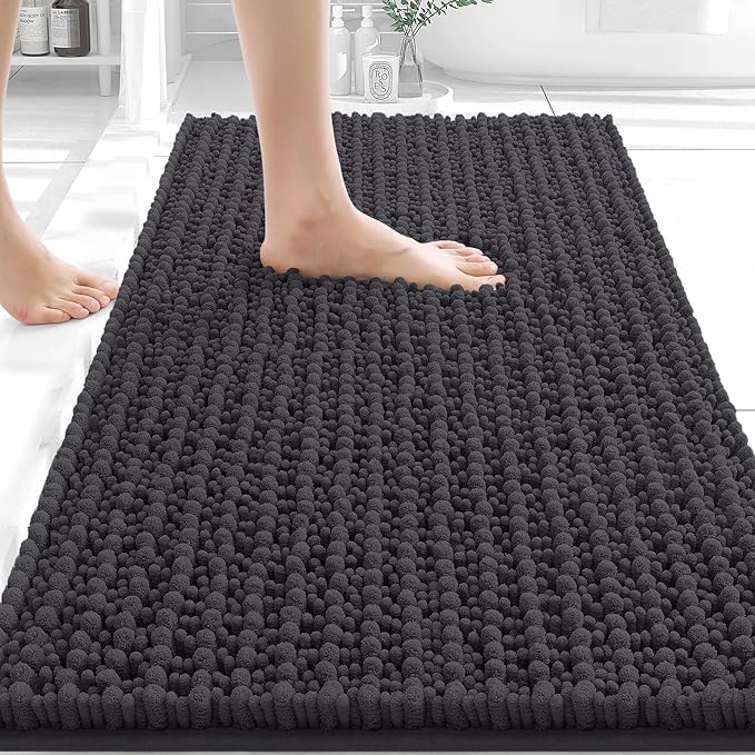 OLANLY Bathroom Rug Mat 34x21, Thick Soft and Absorbent Chenille Bath Mat, Non-Slip Rubber Backing, Machine Washable Quick Dry Bath Rugs for Tub Shower Floor, Home Decor Accessories, Dark Grey
