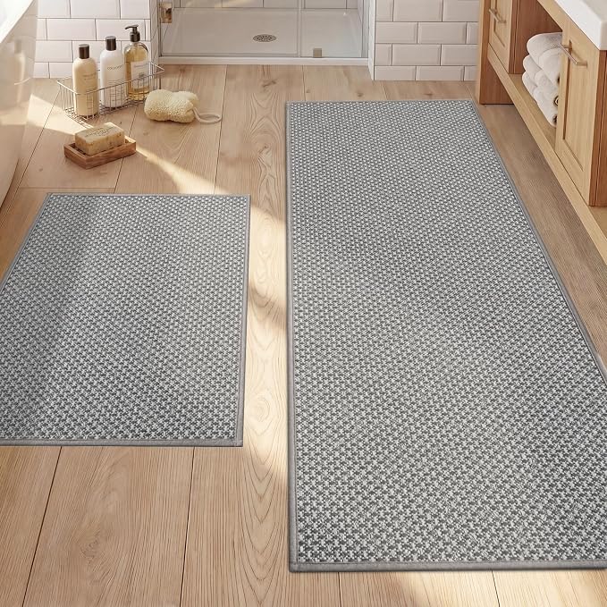YIHOUSE Thin Bath Mat Grey Bathroom Rugs Sets 2 Pieces, Non Slip Absorbent Mats Quick Dry, Woven Rugs Washable, Tapetes para Baño for Bathroom Toliet,Bathtub(17"x24"+17"x47")