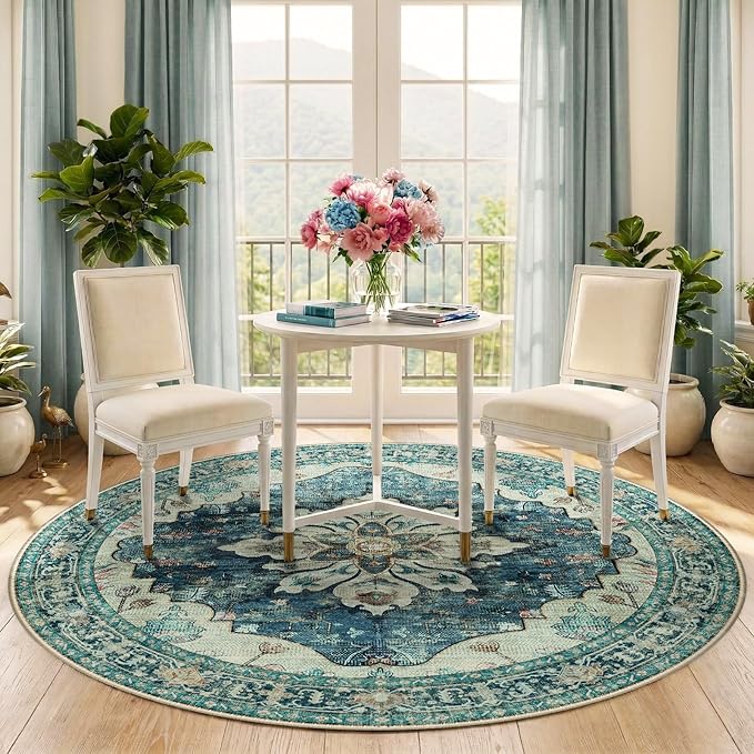 RELEANY Area Rugs Round 6ft Washable Non-Slip, Floral Vintage Distress Medallion Carpet for Living Room Bedroom Dining Room, Dark Blue Vintage