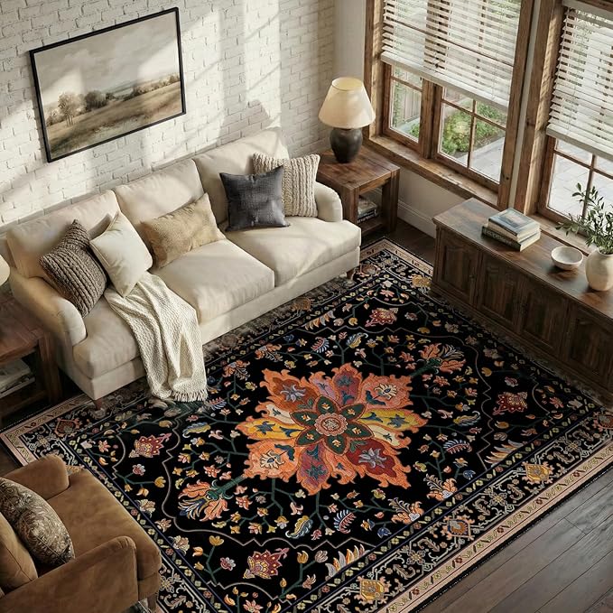 RELEANY Area Rugs 5'x8' Washable Non-Slip, Floral Vintage Distress Medallion Carpet for Living Room Bedroom Dining Room, Black Colorful Floral Dark Tan