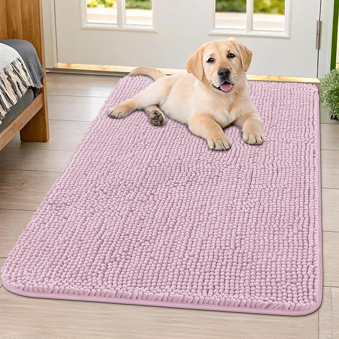 Smiry Dog Door Mat for Muddy Paws 40x32, Absorbent Dirt Trapper, Non-Slip Washable Chenille Entryway Rug for Inside Floor, Dusty Rose, Classic Solid