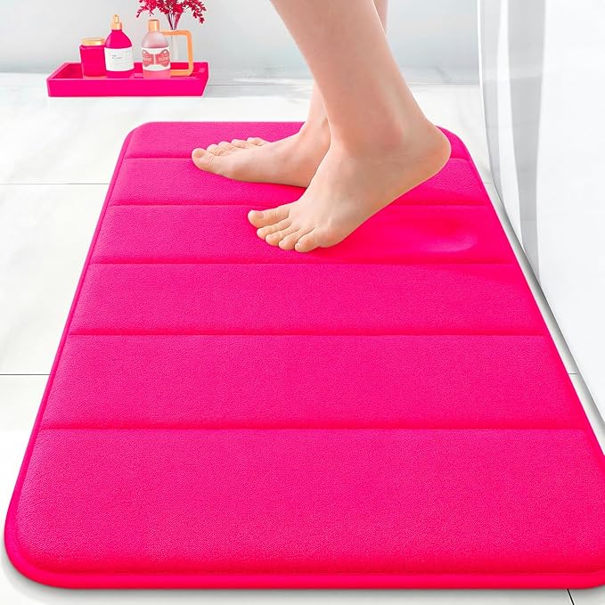 OLANLY Memory Foam Bath Mat 35x16, Super Soft Absorbent Bathroom Rugs, Quick Dry, Machine Washable Shower Floor Rugs, Bathmat Carpet, Bathroom Home Decor Accessories, Hot Pink