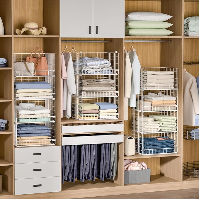 Yociyoga 4-Tier Stackable Closet Organizers and Storage Basket, Foldable Closet Shelf Organizer System, Space-Saving Clothes Storage Drawer Organizer for Wardrobe, White ((Patent 30022416))