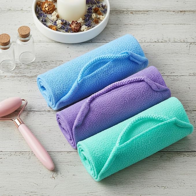3 Pcs Exfoliating Washcloth with Handles, Double-Sided Back Scrubber Washer for Shower Body Scrub Towel Stretchable Back Washer Shower Towel for Women Bath Showers Exfoliation