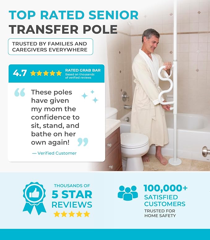 Stander Wonder Pole Plus with Rotating Double Grab Bar, Tension Mounted Security Pole for Seniors & Elderly Adults, No-Drill Floor to Ceiling Transfer Pole for Home & Bath Safety, White