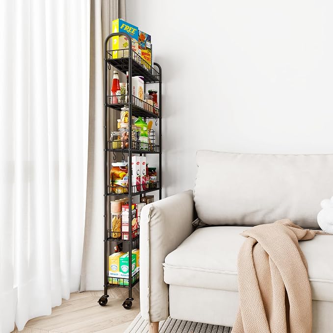 Slim Rolling Storage Cart with Wheels, Metal 6 Tier Spice Rack Mobile Shelving Unit Organizer Kitchen Utility Cart for Office Bathroom Kitchen Laundry Room Narrow Places (6inches)