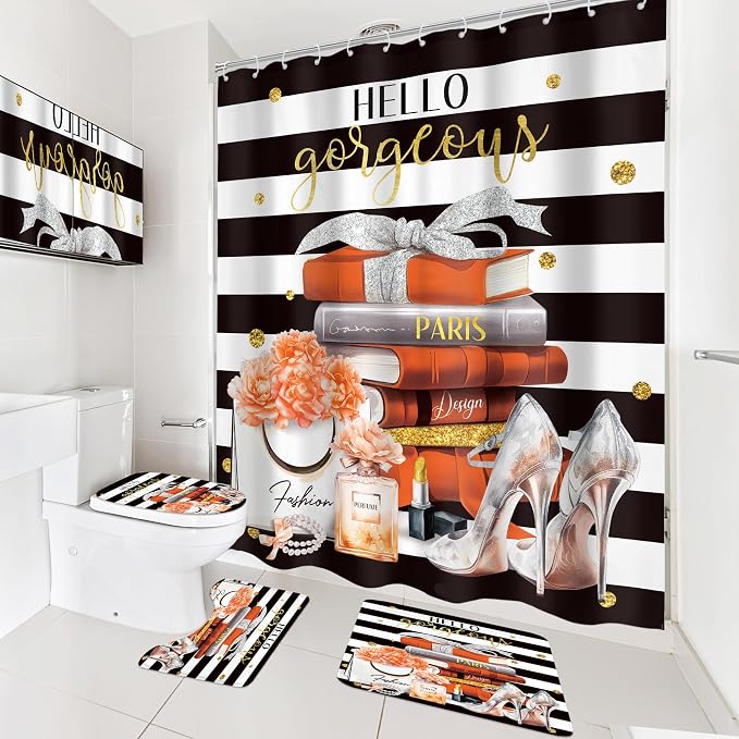 4Pcs Black and Orange Shower Curtain Set, Burnt Orange Fashion Flower Perfume High Heels Books Bathroom Curtain with Rug, Toilet Lid Cover, Bath Mat, Women Girl Shower Curtain with 12 Hooks