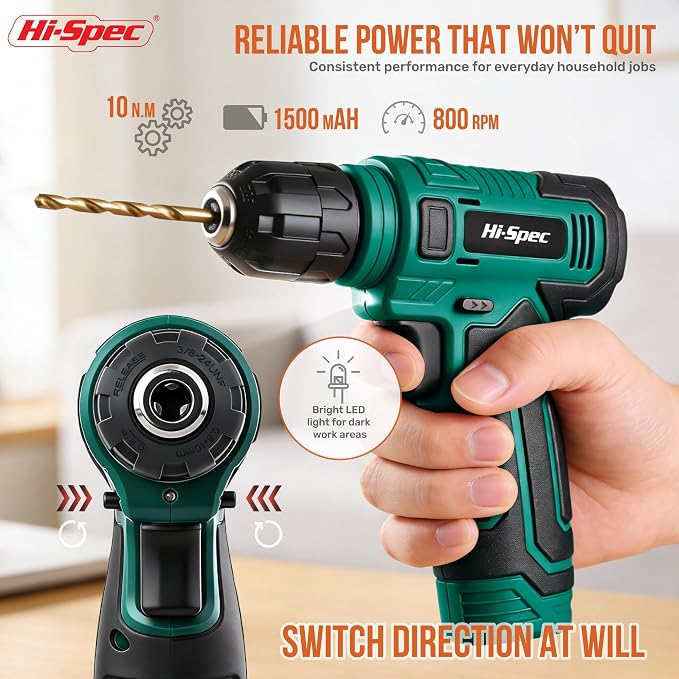 Hi-Spec 8V Cordless Drill Set & Tool Kit for Men – Power USB Rechargeable Electric Drill Driver, Compact Hand Toolbox with Essential Tools, Green, Ideal for Home Improvement