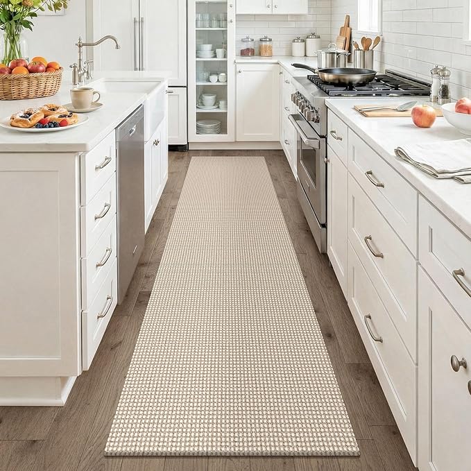 KOZYFLY Runners for Hallways 2x8 ft Washable Kitchen Runner Non Slip Rubber Backed Hall Runners Cotton Entryway Runner Rugs for Indoor Backdoor Bedroom Kitchen, Ivory/Camel/Brown