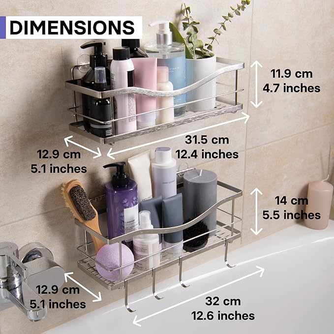 KINCMAX Premium Shower Caddy, Self Adhesive Wall Shower Organizer, 2-Pack No Drill Bathroom Shelves, Rustproof Stainless Steel Shampoo Holder, Storage Rack, Silver