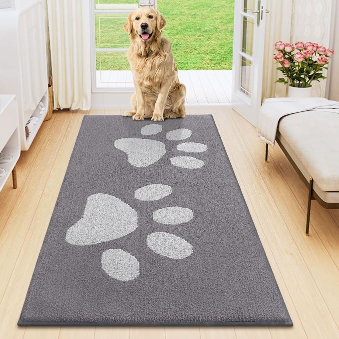 Smiry Dog Door Mat for Muddy Paws, Absorbs Moisture and Dirt, Low-Profile Entryway Mat with Non-Slip Backing, Entry Indoor Outdoor Doormat for Inside Floor (47x24 Inches, Light Grey, Paw)