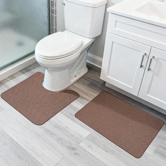 Bosap Bathroom Rugs Set 2 Pieces,Thin Bathroom Mats,Toilet Rugs,Quick Dry,Non-Slip,Machine Washable,Low Pile,Absorbent Bath Mats,Shower,Sink,Home Decor Accessories.Brown,1'5"x2'3"+1'8"x2" U Shape