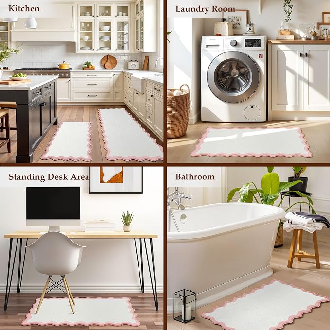 Arenarug Scalloped Pink Kitchen Mats Rugs Sets of 2 Cushioned Anti Fatigue Floor Mat Waterproof Kitchen Rugs Non Slip Foam Comfort Standing Mat for Sink Laundry