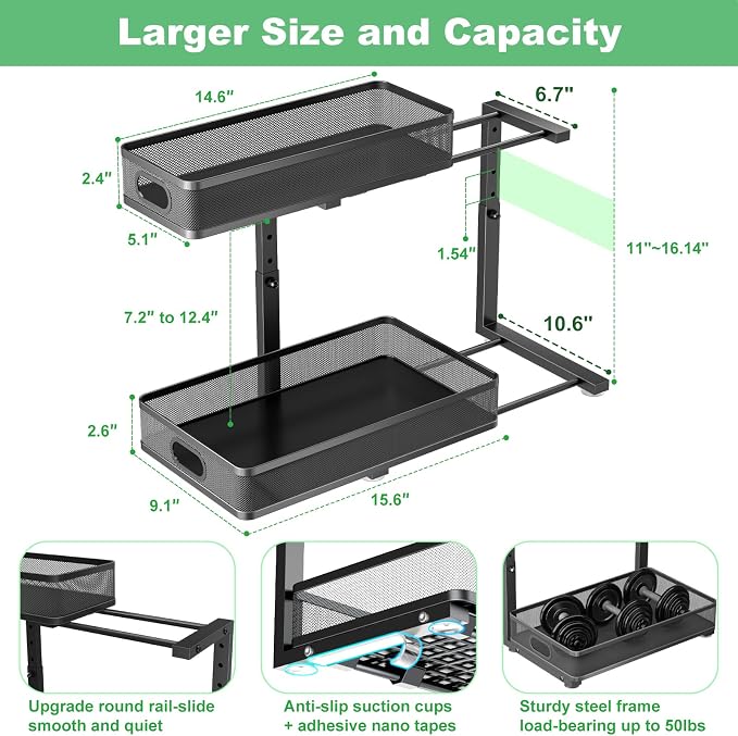 Under Sink Organizer 2 Pack, High Adjustable 2 Tier Under Sink Organizers and Storage, Slide out Metal Cabinet Organizers, Pull out Storage Drawer Shelf for Kitchen Bathroom Cabinet