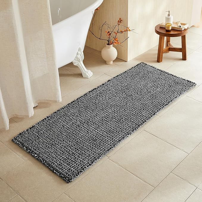 TYUU Black and White Bathroom Rugs, Waffle Runner Rug Bathroom Non Slip Washable Long Super Absorbent Quick Dry Boho Farmhouse Bath Decor, 60"x24" Black and White