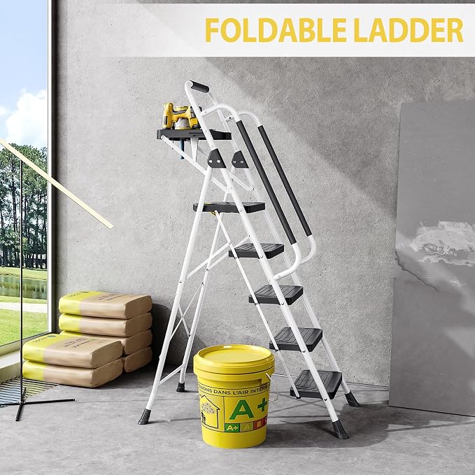 KINGRACK 5 Step Ladder, Folding Step Stool with Comfortable Handrail, Wide Anti-Slip Pedals & Safe-Lock Design, 800lbs Load Capacity, Sturdy Steel Portable Ladder, Perfect for Home and Kitchen, White