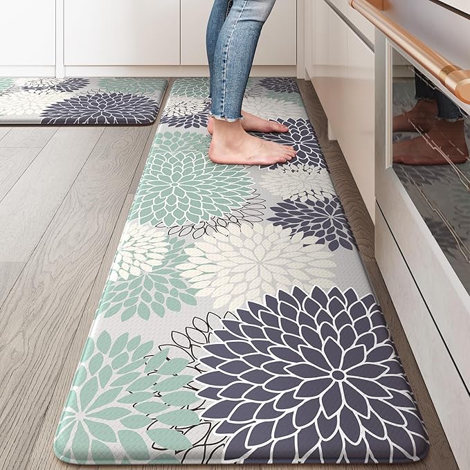 Anti Fatigue Kitchen Mats,Non Slip Boho Dahlia Kitchen Rugs Sets 2 Piece,Waterproof Farmhouse Kitchen Mat for Floor,Cushioned Standing Mat for Office,Laundry,Sink,Desk,Mutil-Cyan
