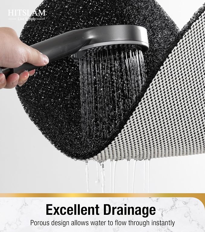 HITSLAM Oval Loofah Shower Mat Non Slip, 27x16 Inch Bath Mat for Textured Tub & Inside Shower Stall, No Suction Cups Quick Drying PVC Porous Floor Mat, Soft Foot Exfoliating Bathtub Mat, Black