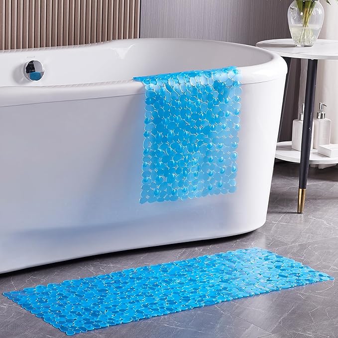 Webos Bath Shower Mat Non Slip: Extra Large Pebble Bathtub mat for Families, Anti Slip Shower Matt with Drain Holes Suction Cups Tub Mat - 16 X 40 Inch Clear Blue