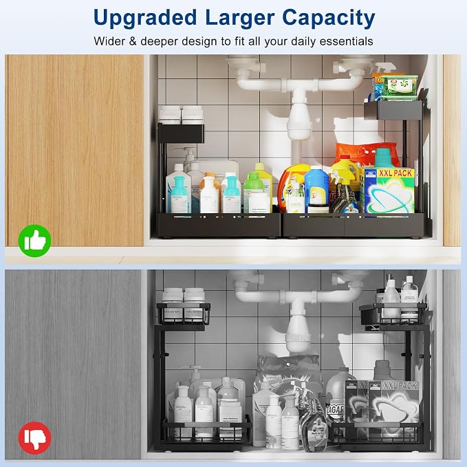 2 Pack Under Sink Organizer, Insputer 2 Tier Under Cabinet Storage Expandable Width 9.8"-15" & Height Adjustable, Thickened Pull Out Shelf for Bathroom, Kitchen, Laundry, Pantry(Black)