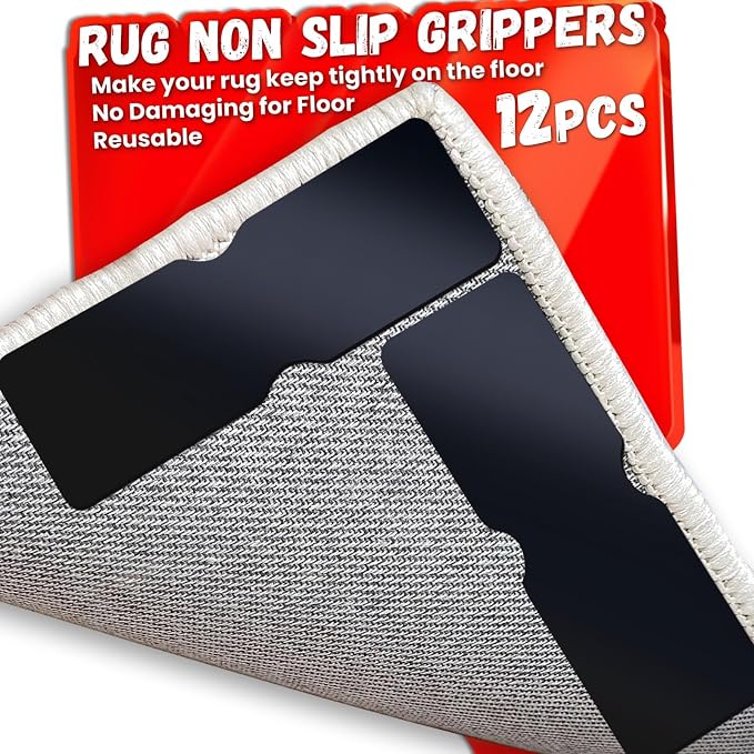 Rug Non Slip Grippers, Reusable Rug Tape Pads for Hardwood Floors, Laminate Floor, Tiles, No Residue on Flooring, Corner Grippers Carpet Tape for Area Rugs, Keep Corners Flat (12)