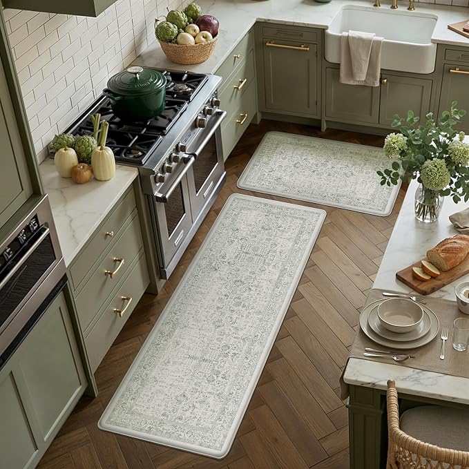 PureCozy Kitchen Mats 2PCS Anti Fatigue Cushioned Mat Light Green Vintage Kitchen Mats for Floor Waterproof Non Slip Comfort Standing Retro Floral Rug for Sink Laundry Office 17.3"x59"+17.3"x30"