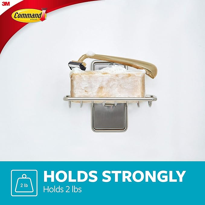Command Soap Dish for Shower,Damage Free Hanging Bathroom Soap Dish,No Tools Bar-Soap Holder,1 Satin Nickel-Soap-Dish and 2 Water-Resistant Command Strips,(Pack of 8)