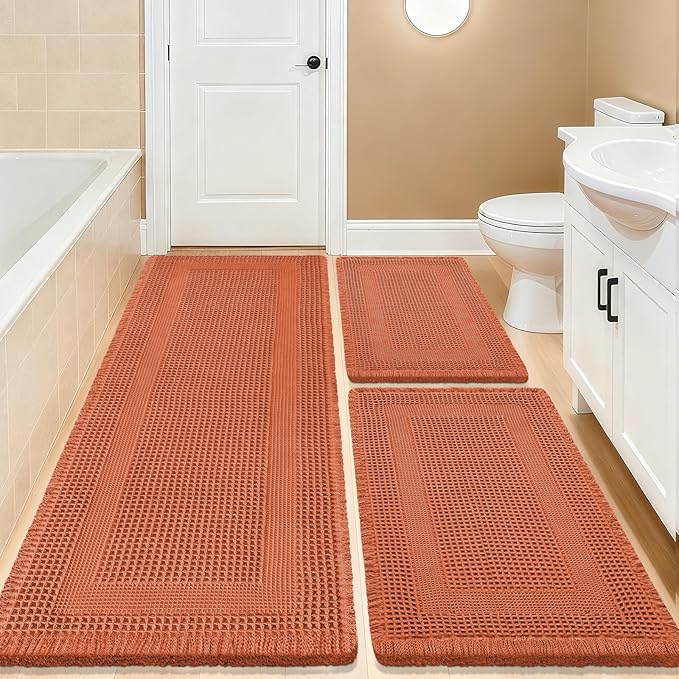 Upgrade Waffle Bath Mat Set 3 Piece, Boho Bathroom Rugs Absorbent Non Slip, Soft Bathroom Mats, Machine Washable Knit Bath Rugs with Tassels for Bathroom, Bedroom, Kitchen, Shower, Tub, Burnt Orange