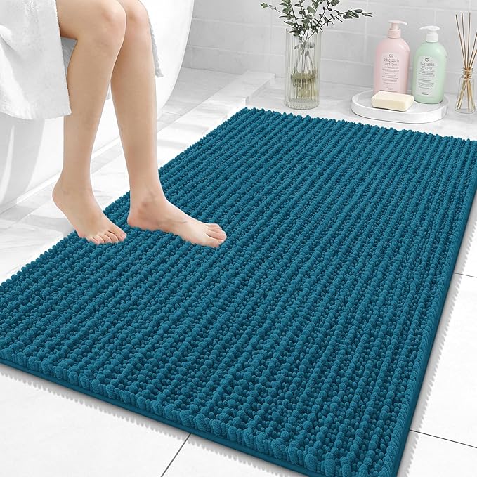 OLANLY Bathroom Rug Mat 40x32, Thick Soft and Absorbent Chenille Bath Mat, Non-Slip Rubber Backing, Machine Washable Quick Dry Bath Rugs for Tub Shower Floor, Home Decor Accessories, Peacock Blue