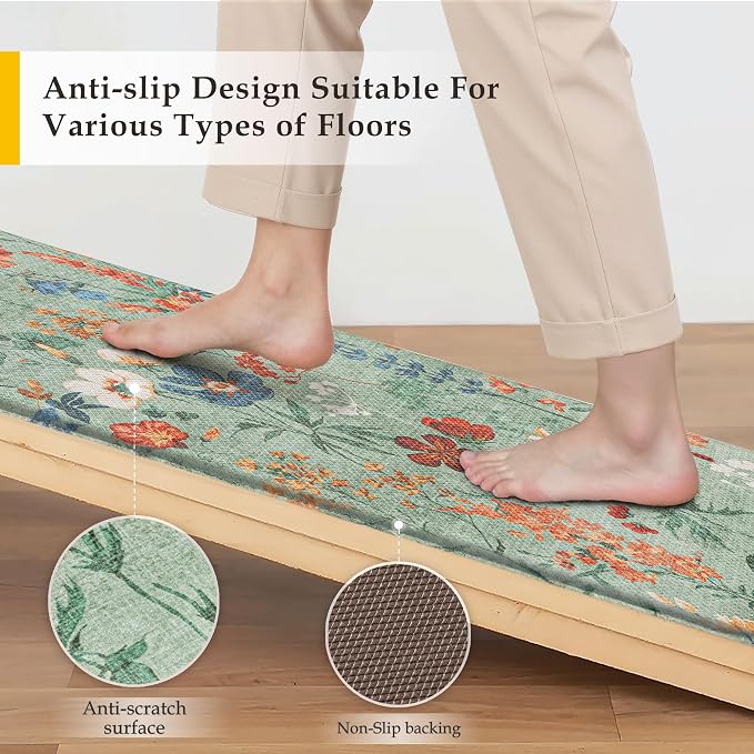 PureCozy Kitchen Mats 2PCS Anti Fatigue Cushioned Mat Non Slip Floral Boho Kitchen Mats for Floor Waterproof Comfort Standing Green Rug for Sink Laundry Office Desk 17.3"x47"+17.3"x30"