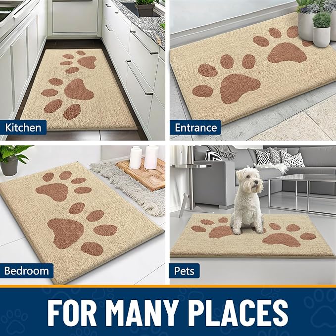 Smiry Dog Door Mat for Muddy Paws, Absorbs Moisture and Dirt, Low-Profile Entryway Mat with Non-Slip Backing, Entry Indoor Outdoor Doormat for Inside Floor (48x30 Inches, Light Beige, Paw)