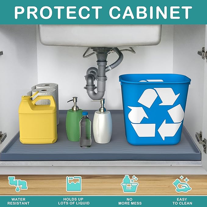 URMONA Waterproof Silicone Under Sink Mat 22'' x 19'' Shelf Liner for Kitchen and Bathroom, Cabinet and Counter Protector, Storage and Organizers, Litter Mat, Pet Cat Puppy Essentials(Brown)