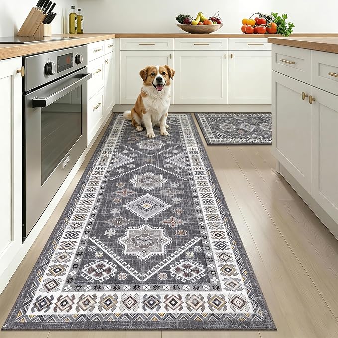 HEBE Boho Kitchen Rugs Sets of 2, Non Slip Washable Kitchen Mats for Floor, Farmhouse Kitchen Carpet Runner Rug Set for Sink, Stove, Laundry Room & Hallway