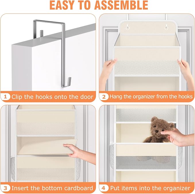 WISELIFE Over The Door Organizer Storage 4 Shelves Large Capacity Hanging Bedroom Storage Solution with 6 Side Pockets for Dorm Bathroom Pantry Nursery and Baby Essentials Holds up to 40 Lbs (Beige)