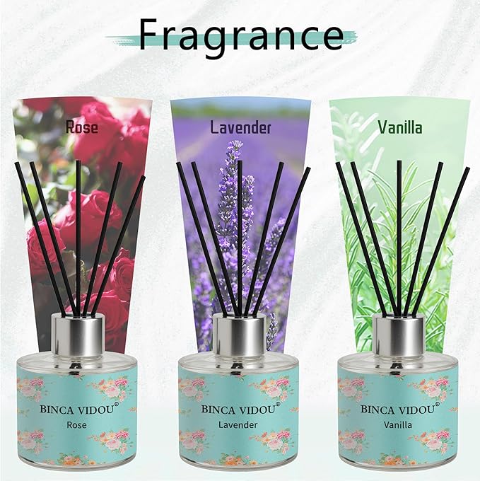 Reed Diffuser Set of 3, Lavender, Rose, Vanilla Aromatherapy Oil Diffusers for Bedroom, Living Room, Office, Gift & Stress Relief, 50ml x 3